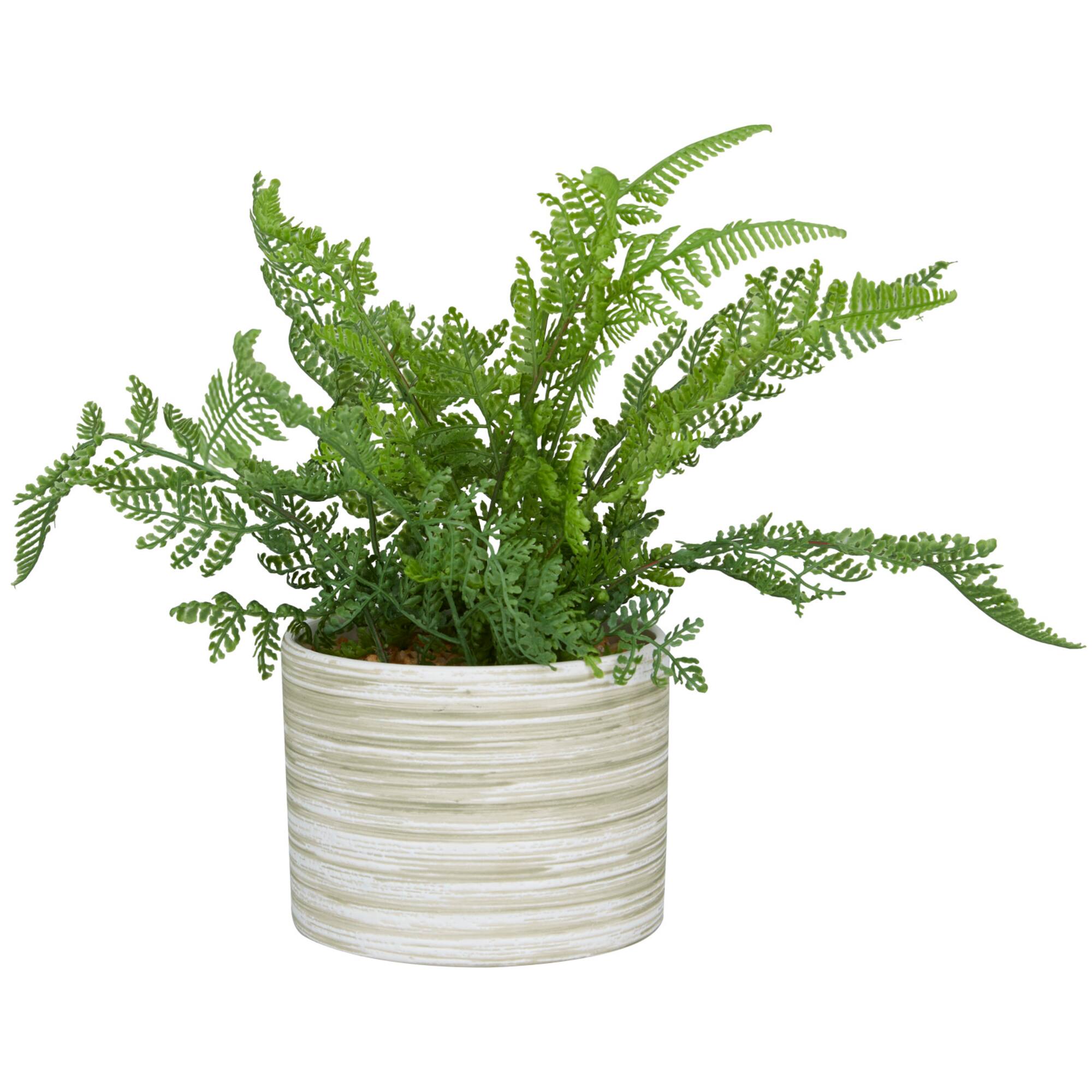 13" Green Faux Foliage Fern Artificial Plant With Patterned Round Pot